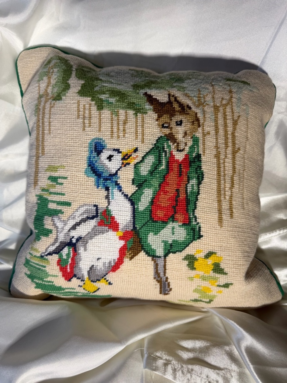 Handmade Children's Storybook Cross-Stitch Pillow in Green and Red